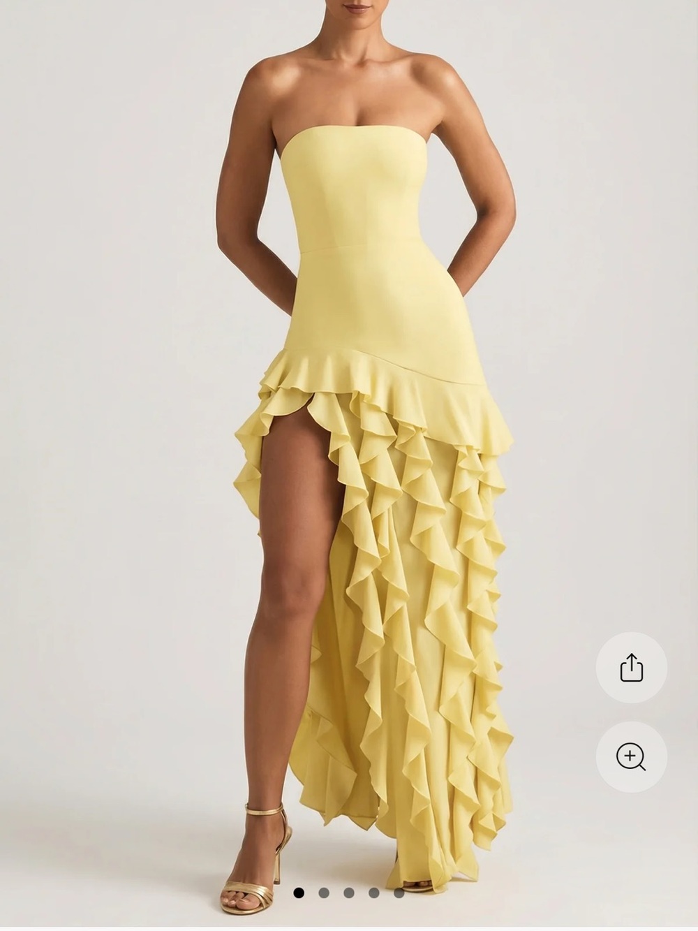 Oh Polly Strapless Lemon Yellow Ruffle High-Low Gown
